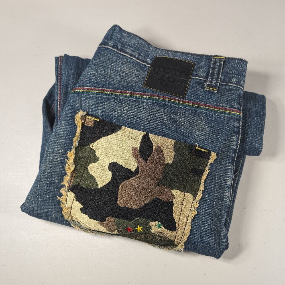 Mecca Jeans Mens Size 36x31 Blue Y2K Hip Hop Baggy Jeans Camouflage Pockets